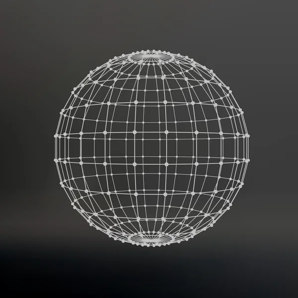 Scope of lines and dots. Ball of the lines connected to points. Molecular lattice. The structural grid of polygons. Black background. The facility is located on a black studio background. — Stockvector