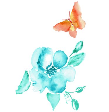 Butterfly and flower watercolor drawing. Vector art isolated on white.