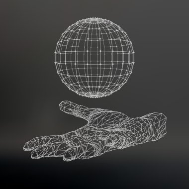 Ball on the arm. The hand holding a sphere. Polygon ball. Polygonal hand. Black background. The shadow of the objects in the background. Hand holding a Polygon globe