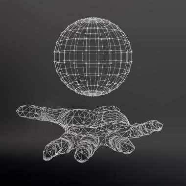 Ball on the arm. The hand holding a sphere. Polygon ball. Polygonal hand. Black background. The shadow of the objects in the background. Hand holding a Polygon globe