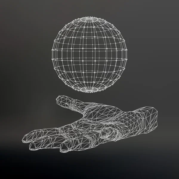 Ball on the arm. The hand holding a sphere. Polygon ball. Polygonal hand. Black background. The shadow of the objects in the background. Hand holding a Polygon globe — Wektor stockowy