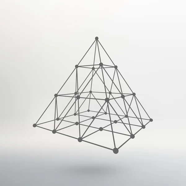 Wireframe mesh Polygonal pyramid. Pyramid of the lines connected points. Atomic lattice. Driving a constructive solution of the pyramid. Vector Illustration EPS10. — ストックベクタ