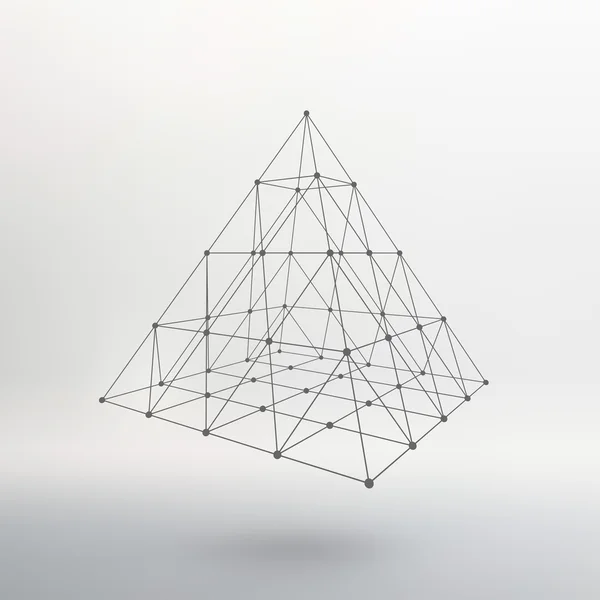 Wireframe mesh Polygonal pyramid. Pyramid of the lines connected points. Atomic lattice. Driving a constructive solution of the pyramid. Vector Illustration EPS10. — ストックベクタ