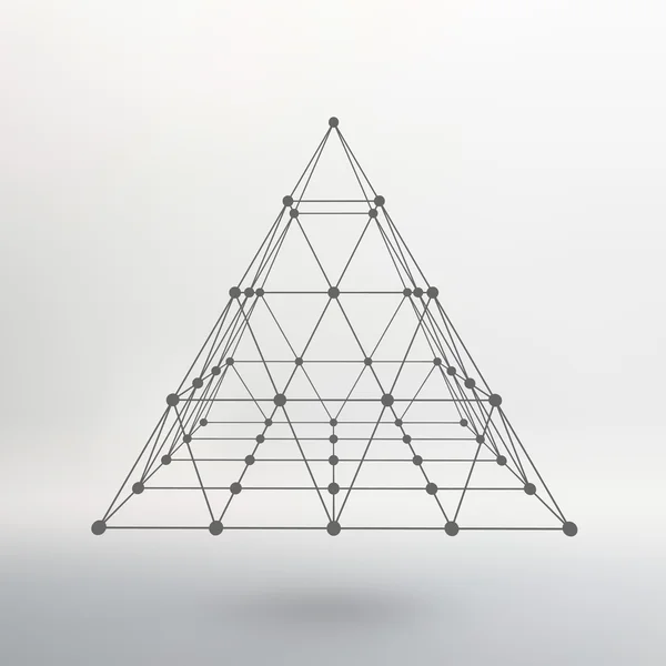 Wireframe mesh Polygonal pyramid. Pyramid of the lines connected points. Atomic lattice. Driving a constructive solution of the pyramid. Vector Illustration EPS10. — Stockový vektor