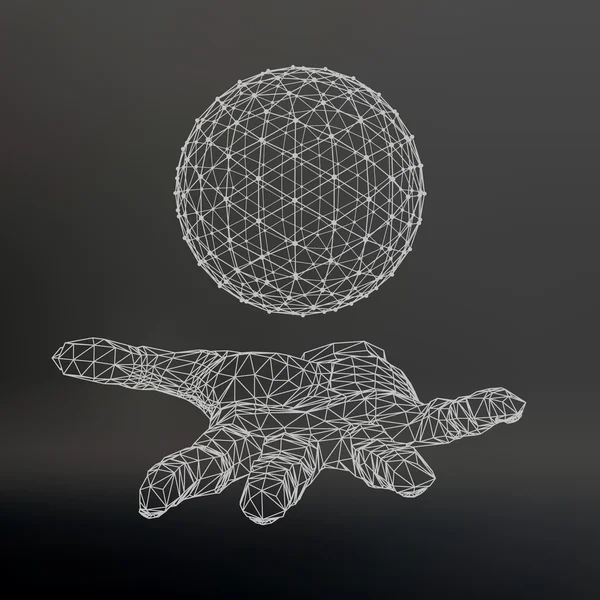 Ball on the arm. The hand holding a sphere. Polygon ball. Polygonal hand. Black background. The shadow of the objects in the background. Hand holding a Polygon globe — Stockvector