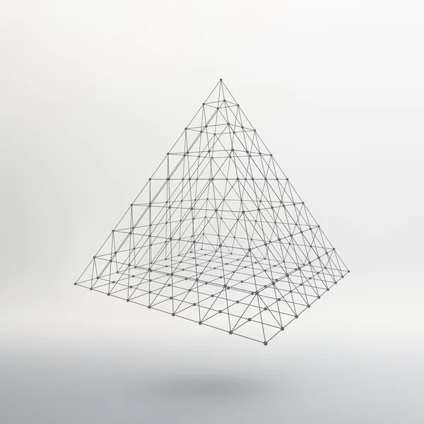 Wireframe mesh Polygonal pyramid. Pyramid of the lines connected points. Atomic lattice. Driving a constructive solution of the pyramid. Vector Illustration EPS10. — Stockový vektor