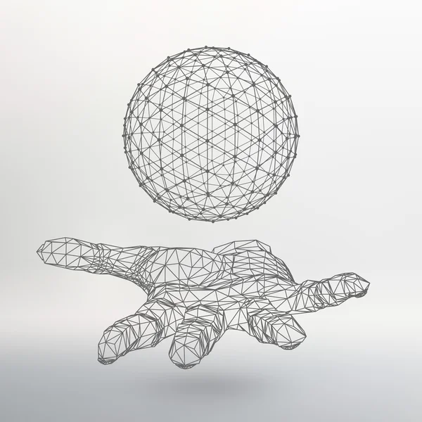 Ball on the arm. The hand holding a sphere. Polygon ball. Polygonal hand. Black background. The shadow of the objects in the background. Hand holding a Polygon globe — Stok Vektör