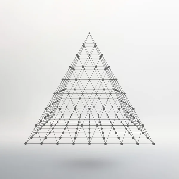 Wireframe mesh Polygonal pyramid. Pyramid of the lines connected points. Atomic lattice. Driving a constructive solution of the pyramid. Vector Illustration EPS10. — Stockový vektor