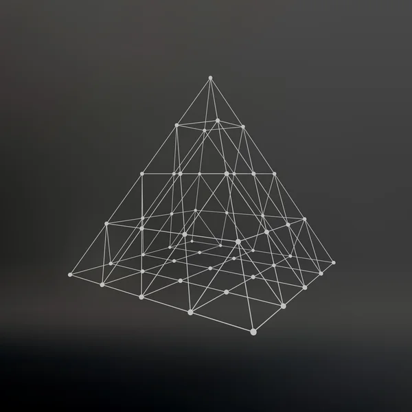 Wireframe mesh Polygonal pyramid. Pyramid of the lines connected points. Atomic lattice. Driving a constructive solution of the pyramid. Vector Illustration EPS10. — Stok Vektör