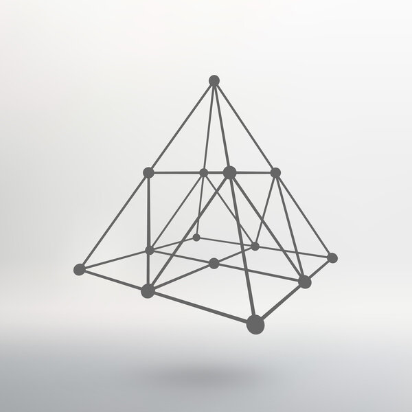 Wireframe mesh Polygonal pyramid. Pyramid of the lines connected points. Atomic lattice. Driving a constructive solution of the pyramid. Vector Illustration EPS10.