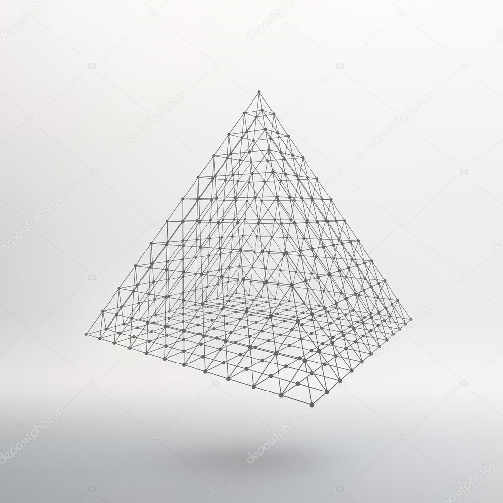 Wireframe mesh Polygonal pyramid. Pyramid of the lines connected points. Atomic lattice. Driving a constructive solution of the pyramid. Vector Illustration EPS10.