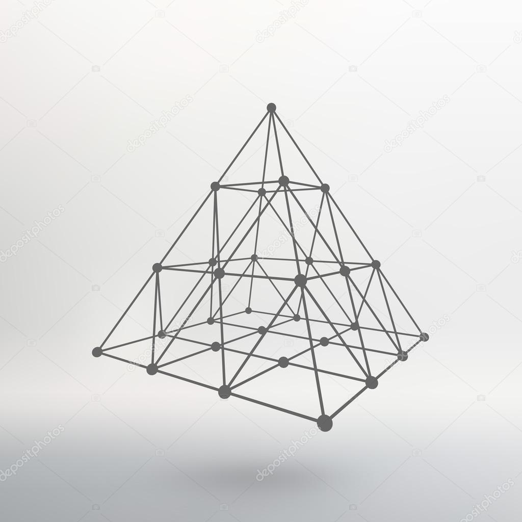 Wireframe mesh Polygonal pyramid. Pyramid of the lines connected points. Atomic lattice. Driving a constructive solution of the pyramid. Vector Illustration EPS10.