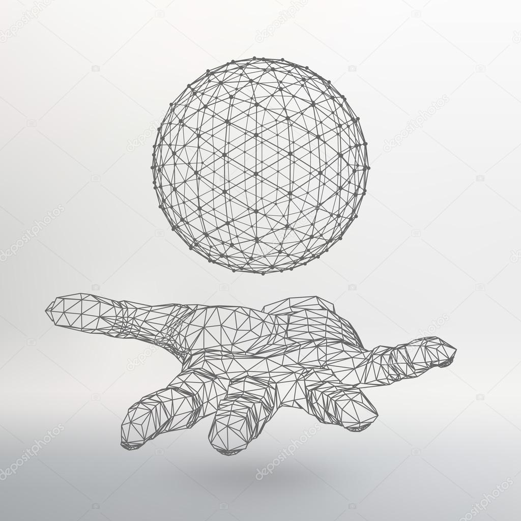 Ball on the arm. The hand holding a sphere. Polygon ball. Polygonal hand. Black background. The shadow of the objects in the background. Hand holding a Polygon globe