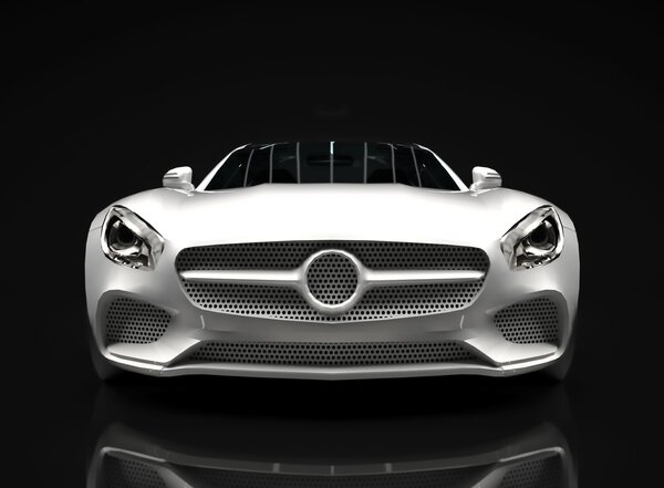 Sports car front view. The image of a sports white car on a black background.