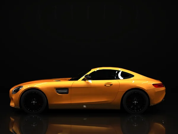 Sports car left view. The image of a sports gold car on a black background. — Stock fotografie