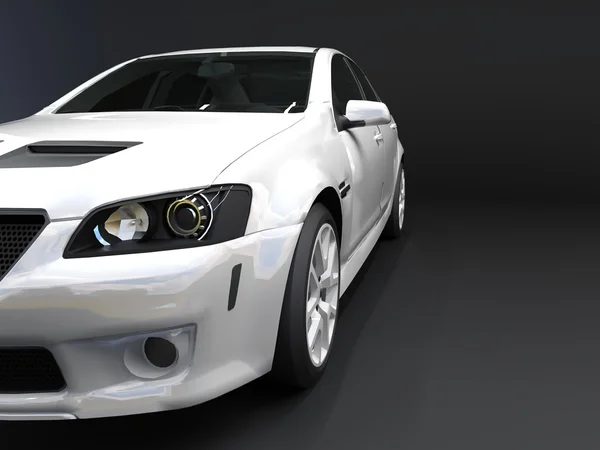 Deportes coche vista frontal. La imagen de un coche deportivo blanco sobre un fondo negro . — Foto de Stock