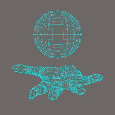 Ball on the arm. The hand holding a sphere. Polygon ball. Polygonal hand. The shadow of the objects in the background.