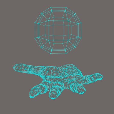 Ball on the arm. The hand holding a sphere. Polygon ball. Polygonal hand. The shadow of the objects in the background.