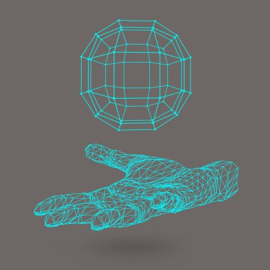 Ball on the arm. The hand holding a sphere. Polygon ball. Polygonal hand. The shadow of the objects in the background.