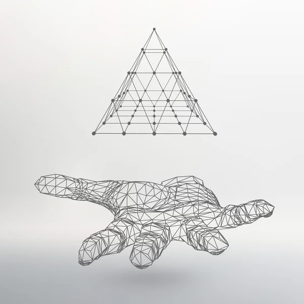 Triangle pyramid on the arm. The hand holding a pyramid. Polygon triangle. Polygonal hand. The shadow of the objects in the background. — Stockvector