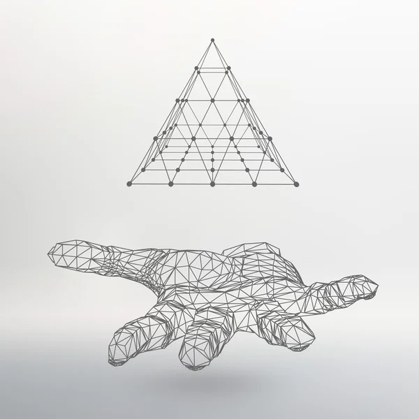 Triangle pyramid on the arm. The hand holding a pyramid. Polygon triangle. Polygonal hand. The shadow of the objects in the background. — Stockový vektor