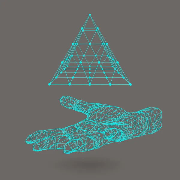 Triangle pyramid on the arm. The hand holding a pyramid. Polygon triangle. Polygonal hand. The shadow of the objects in the background. — Stok Vektör