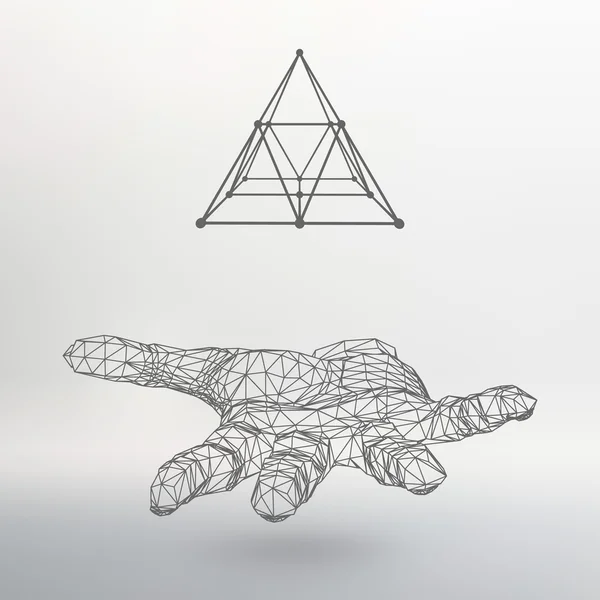 Pirámide triangular en el brazo. La mano sosteniendo una pirámide. Triángulo polígono. Mano poligonal. La sombra de los objetos en el fondo . — Archivo Imágenes Vectoriales