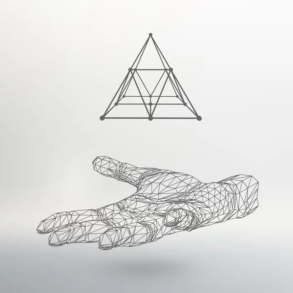 Triangle pyramid on the arm. The hand holding a pyramid. Polygon triangle. Polygonal hand. The shadow of the objects in the background. — Stok Vektör