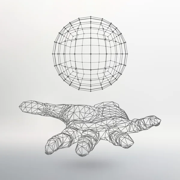 Ball auf dem Arm. die Hand, die eine Kugel hält. Polygonball. Vieleckige Hand. der Schatten der Objekte im Hintergrund. — Stockvektor