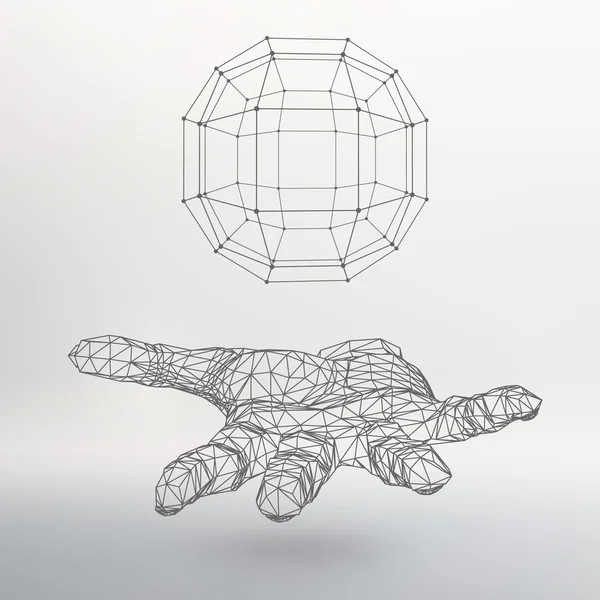 Ball on the arm. The hand holding a sphere. Polygon ball. Polygonal hand. The shadow of the objects in the background. — 图库矢量图片