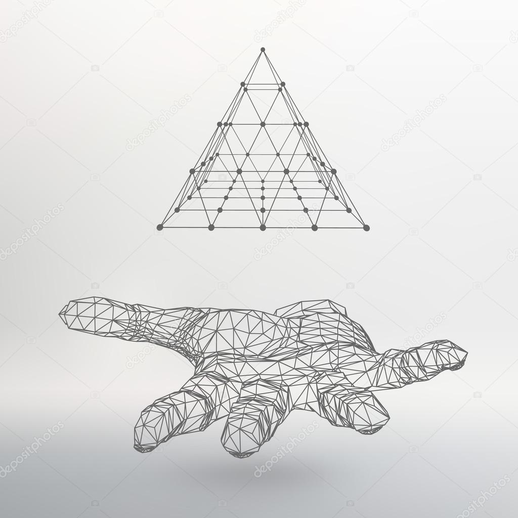 triangle pyramid on the arm. The hand holding a pyramid. Polygon triangle. Polygonal hand. The shadow of the objects in the background.