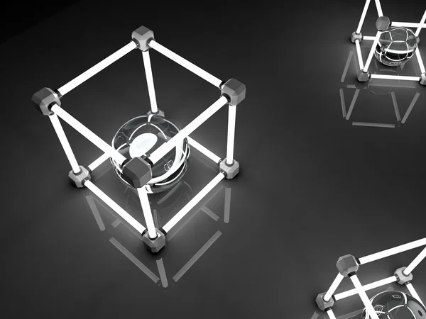 蛍光灯の光るキューブ。幾何学的な処理施設の抽象的な構成. — ストック写真