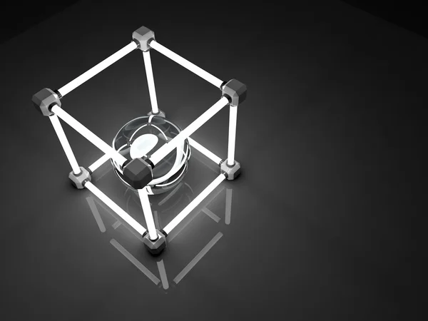 Gloeiende kubussen van fluorescente buizen. Abstracte compositie van geometrische verwerking faciliteiten. — Stockfoto