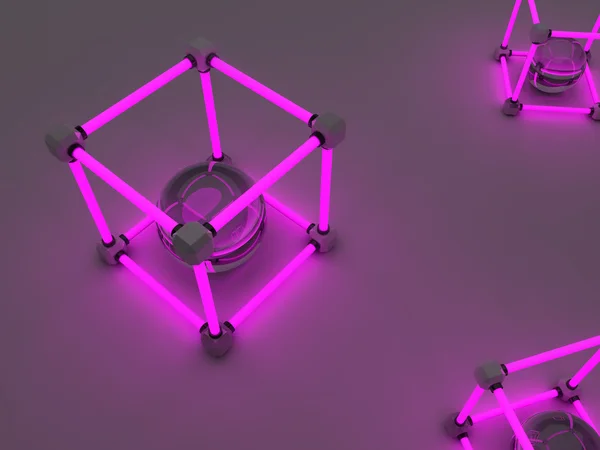 Leuchtende Würfel aus Leuchtstoffröhren. abstrakte Zusammensetzung geometrischer Verarbeitungsanlagen. — Stockfoto