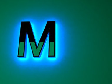 Parlak neon siyah harflerle. Mavi parlaklık. Siyah parlak yazı. Ayrı mektup. Raster illüstrasyon.