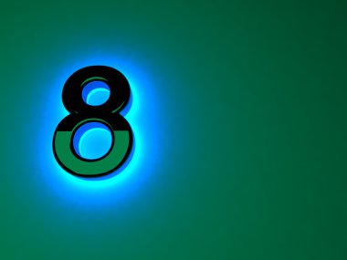 Parlak mavi ışık siyah rakam. Mavi neon kızdırma. Siyah parlak rakam. Ayrı bir mektup. Raster illüstrasyon.