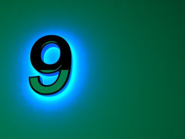 Parlak mavi ışık siyah rakam. Mavi neon kızdırma. Siyah parlak rakam. Ayrı bir mektup. Raster illüstrasyon.