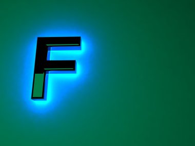 Parlak neon siyah harflerle. Mavi parlaklık. Siyah parlak yazı. Ayrı mektup. Raster illüstrasyon.