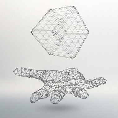 Cube of lines and dots on the arm. The hand holding cube of the lines connected to points. Molecular lattice. The structural grid of polygons. White background. The facility is located on a white