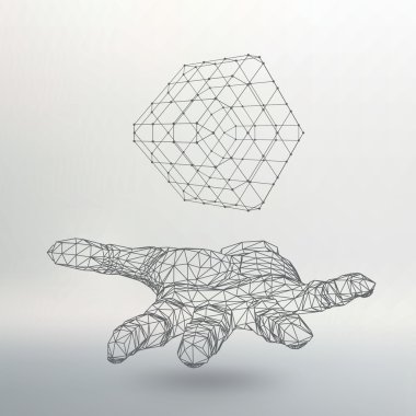 Cube of lines and dots on the arm. The hand holding cube of the lines connected to points. Molecular lattice. The structural grid of polygons. White background. The facility is located on a white