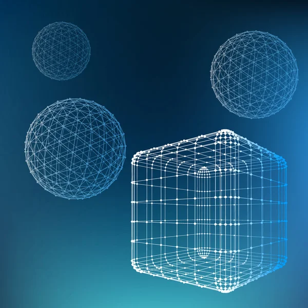 Многоугольный фон сетки. Масштаб линий и точек. Мяч и Куб линий, связанных с точками. Молекулярная решетка. Структурная сетка многоугольников . — стоковый вектор
