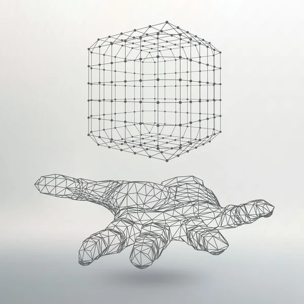 Cube of lines and dots on the arm. The hand holding a cube of the lines connected to points. The shadow of The objects in the background. — 图库矢量图片