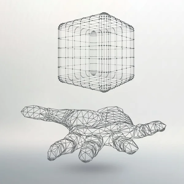 Cubo de líneas y puntos en el brazo. La mano que sostiene un cubo de las líneas conectadas a los puntos. La sombra de los objetos en el fondo . — Vector de stock
