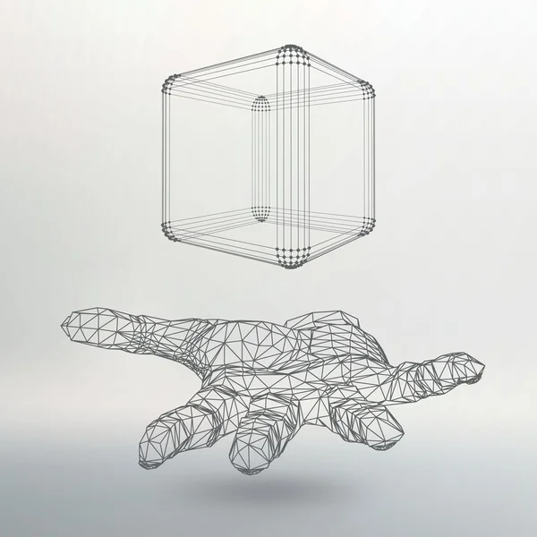 Cube of lines and dots on the arm. The hand holding a cube of the lines connected to points. The shadow of The objects in the background. — Stockvector