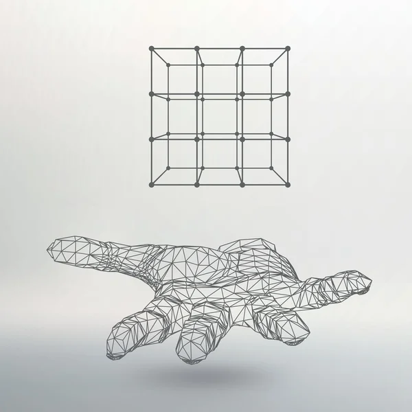 Cube of lines and dots on the arm. The hand holding a cube of the lines connected to points. The shadow of The objects in the background. — Stockvector