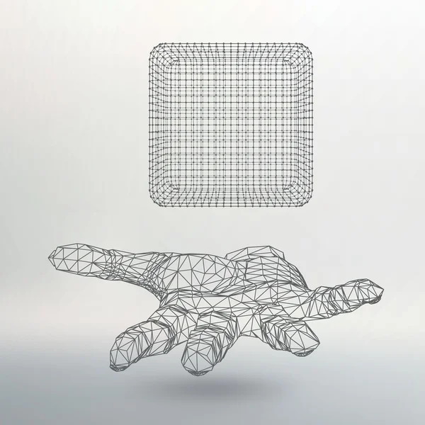 Cube of lines and dots on the arm. The hand holding cube of the lines connected to points. Molecular lattice. The structural grid of polygons. White background. The facility is located on a white — 스톡 벡터