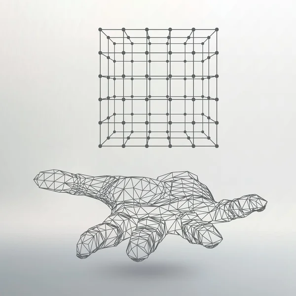 Cube of lines and dots on the arm. The hand holding cube of the lines connected to points. Molecular lattice. The structural grid of polygons. White background. The facility is located on a white — 图库矢量图片