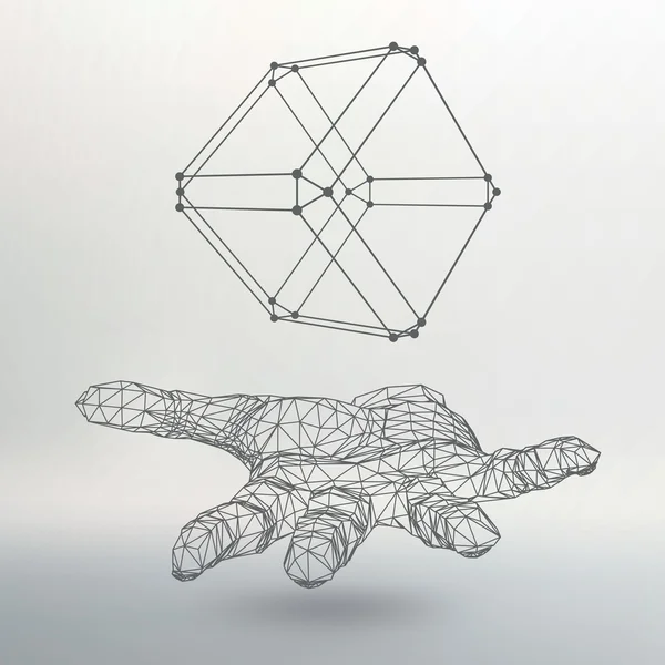 Cube of lines and dots on the arm. The hand holding cube of the lines connected to points. Molecular lattice. The structural grid of polygons. White background. The facility is located on a white — 스톡 벡터