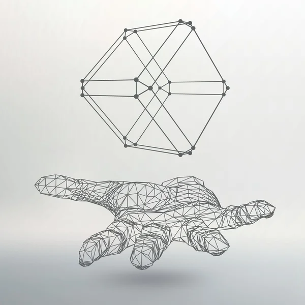 Cube of lines and dots on the arm. The hand holding cube of the lines connected to points. Molecular lattice. The structural grid of polygons. White background. The facility is located on a white — Stock vektor