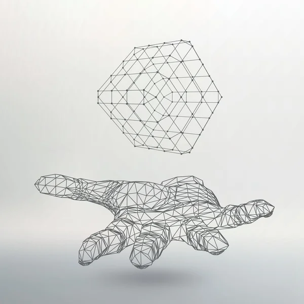 Cube of lines and dots on the arm. The hand holding cube of the lines connected to points. Molecular lattice. The structural grid of polygons. White background. The facility is located on a white — 图库矢量图片